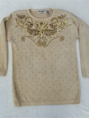 Trimmings Cream Crewneck Sweater with Gold Sequin Embellishment